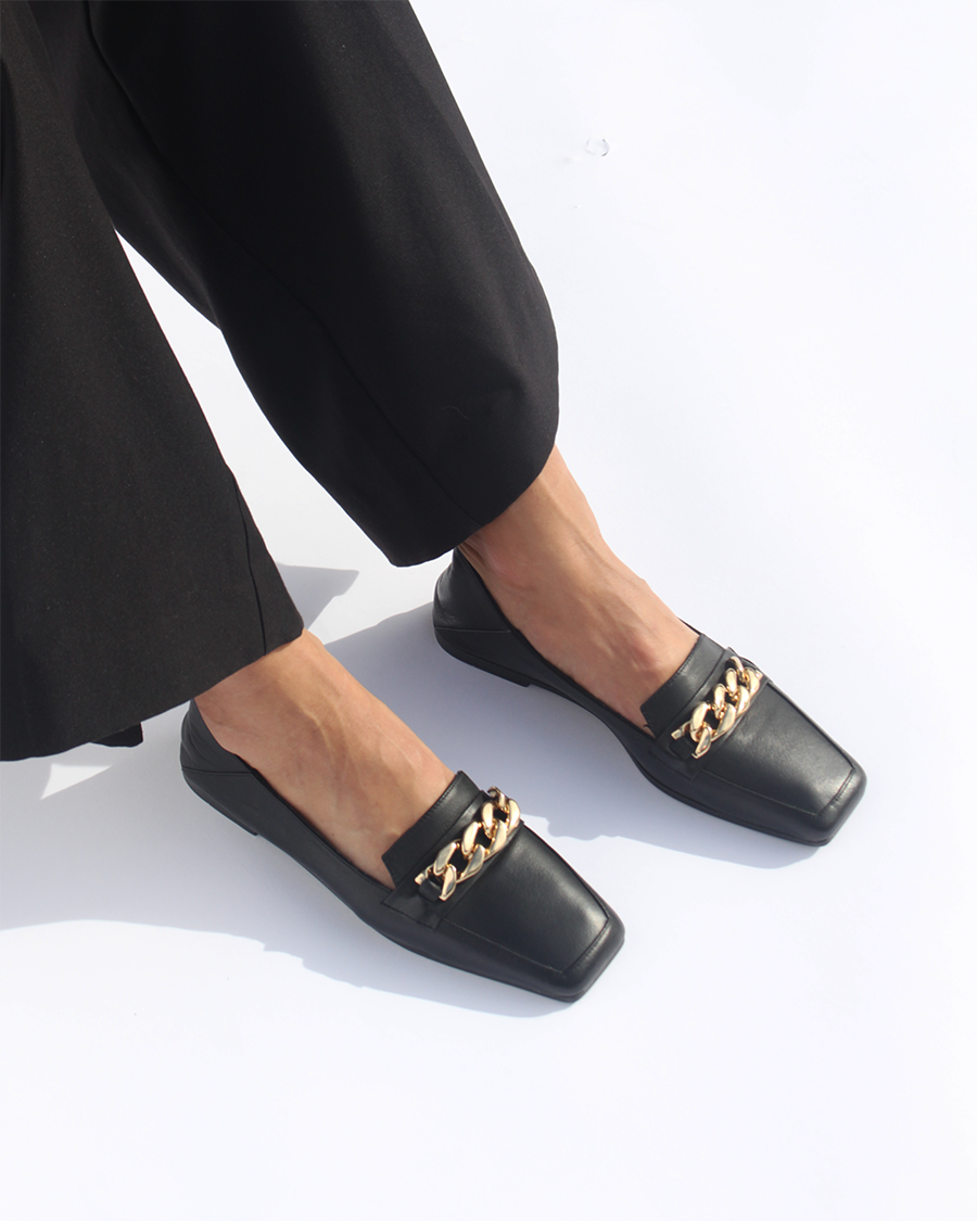 Just Because Shoes Britt Black | Leather Loafers | Flats | Slip On | Chain