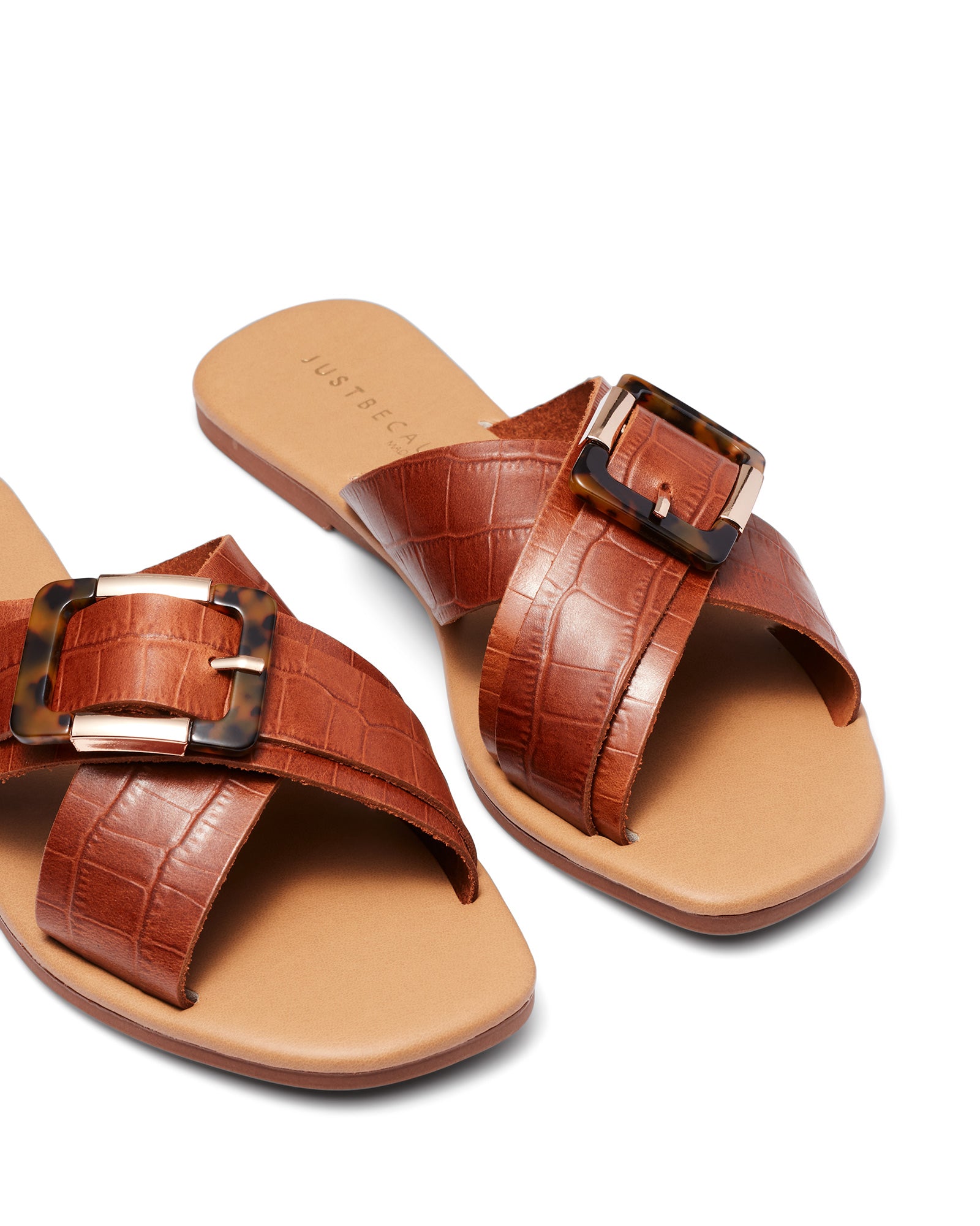 Just Because Shoes Rimini Tan Croc | Leather Sandals | Slides | Flats